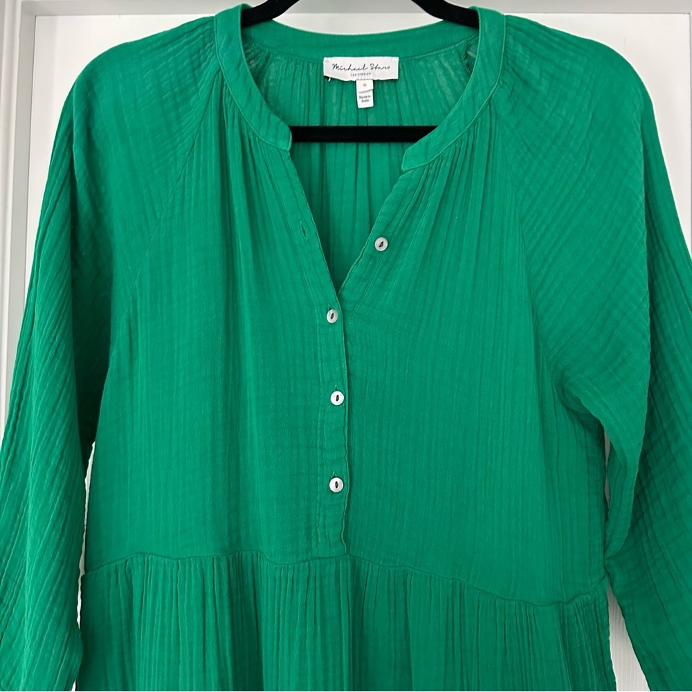Michael Stars Sonia Cottagecore Boho Cotton Gauze Tiered Dress Kelly Green NWOT - Picture 7 of 13